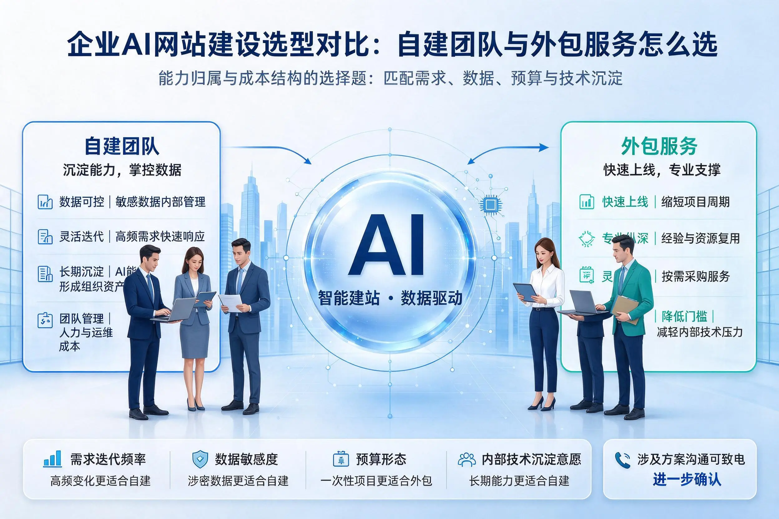 清远企业AI网站建设选型对比：自建团队与外包服务怎么选